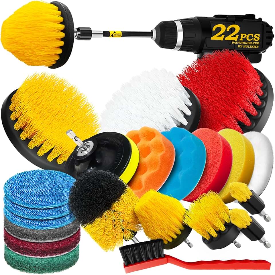 Holikme 22Pack Drill Brush Attachments Set,Scrub Pads &amp; Sponge, Buffing Pads,Power Scrubber Brush,Car Polishing Pad Kit,Wax Applicator Pad,Car Cleaning Kit,Masonry Brushes,Cleaning Supplies | Buffing Sponges, Nylon Grout Tools, Microfiber Wax Pads, Tile Bathtub Shower Floors Kitchen Car Interior Detailing, Yellow