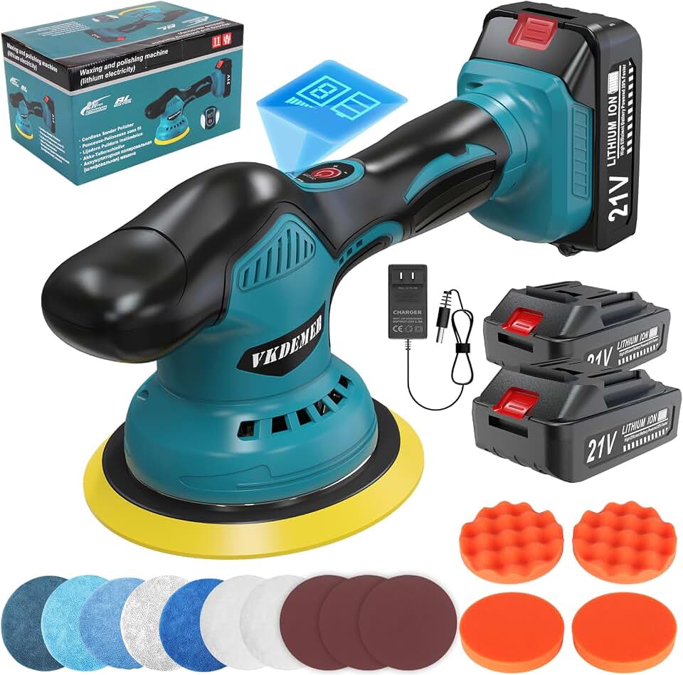 Cordless Car Buffer Polisher, 6 In Mini Buffer Polisher Kit with 2 Pack 21V Rechargeable Batteries,8 Variable Speed 5500RPM Orbital Polisher for Car Boat Detailing, Polishing,Scratch Removing