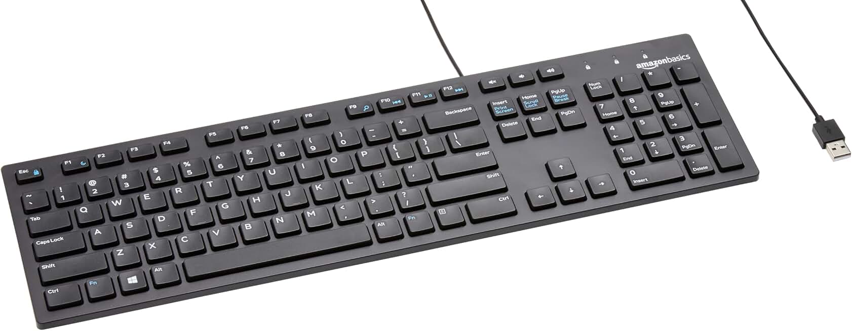 Amazon Basics Wired QWERTY Keyboard, Works with Windows, Plug and Play, Simple to Use with Media Control, Full-Sized, Black