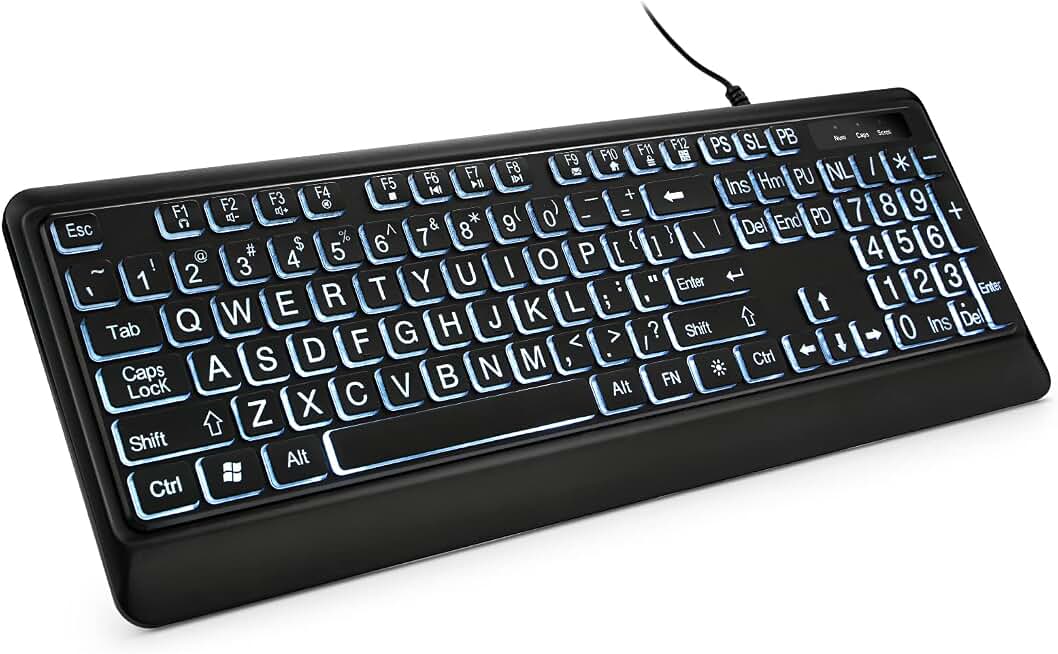 KOPJIPPOM Large Print Backlit Keyboard, USB Wired Computer Keyboard, Full Size Keyboard with White Illuminated LED Compatible for Windows Desktop, Laptop, PC, Gaming, Black