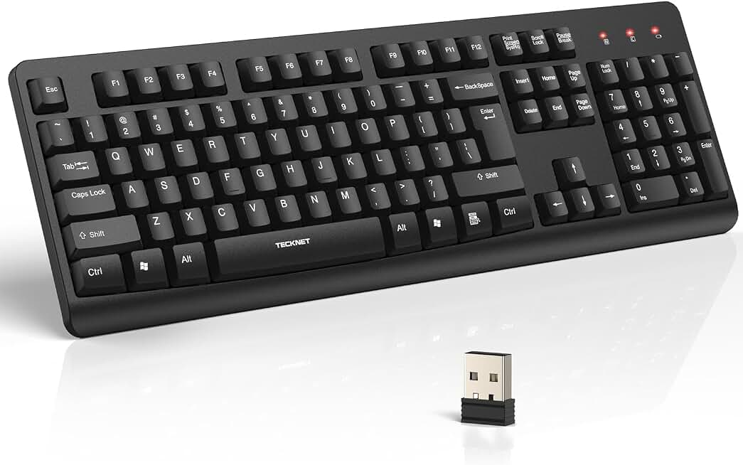 TECKNET Wireless Keyboard, 2.4G Silent Full-Size Keyboard with Number Pad | Ergonomic Keys &amp; Adjustable Feet, Compatible for Laptop, PC, Desktop, Notebook, Windows 11/10/8/7 –Black Global Recycled Standard