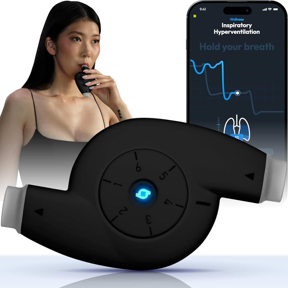 Oumua Smart Breathing Trainer with App, AI Guided Breath Workout with 6 Resistance Levels, Build Stamina and Breath Control for Running, Swimming, Singing and Relaxation (Black)