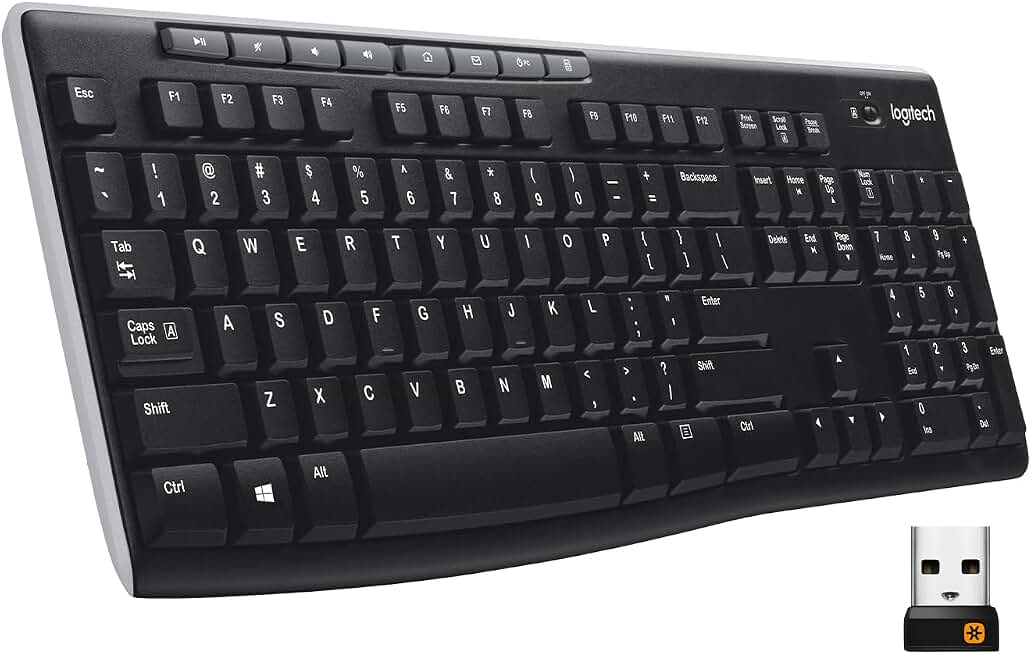 Logitech K270 Full Size Wireless Keyboard for Windows - Black | Full-size keyboard featuring number pad, 8 multimedia keys, includes USB-A receiver, 2-year battery, compatible with PC, laptop