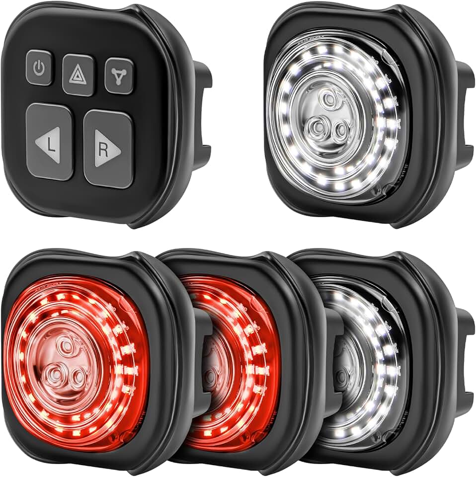 Luvan Smart Bike Light with Remote Controller - Sync Front &amp; Rear LED Light Set, 5 Night &amp; Daytime Mode | Turn Signals | Brake Lights, Rechargeable Bicycle Light for Night Riding, Dog, Running,Scooter