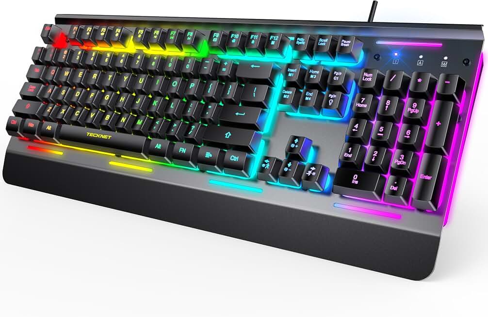 TECKNET Wired Gaming Keyboard, RGB Backlit Keyboard with Metal Panel Design | 15-Zone RGB Illumination, Whisper Quiet Design, IP32 Water Resistance, 25 Anti-ghosting Keys, Ergonomic Build Global Recycled Standard