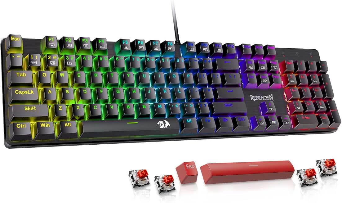 Redragon Mechanical Gaming Keyboard Wired, 11 Programmable Backlit Modes, Hot-Swappable Red Switch, Anti-Ghosting, Double-Shot PBT Keycaps, Illuminated Keyboard for PC Mac
