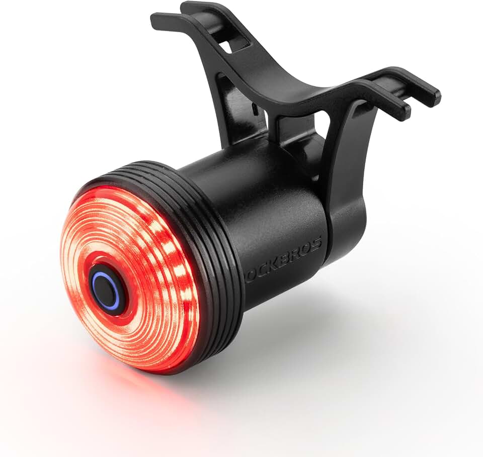 ROCKBROS Bike Tail Light, Smart Brake Sensing, Auto On/Off, 5 Modes, USB-C | Light and vibration sensors, water-resistant 22g body, 250mAh battery, 8-63h runtime, battery indicator and dual mounts.
