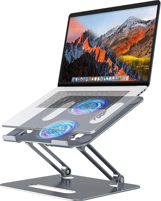 YICOSUN Adjustable Laptop Cooling Stand with 2 Quiet Fans &amp; RGB Lighting, Aluminum Alloy &amp; Foldable Ergonomic Design for MacBook, Lenovo, ASUS, Dell 10-16 Inch, Perfect for Gaming, DJ, Office - Gray