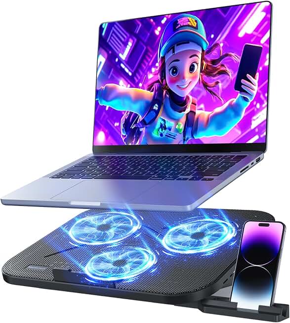 Laptop Cooling Pad with 3 Quiet Fans, 5-Level Height Adjustable Ergonomic Stand, 2 USB Ports &amp; Phone Holder, Fits 12-17 Inch Laptops, Family-Friendly for Gaming/Work/Online Class,