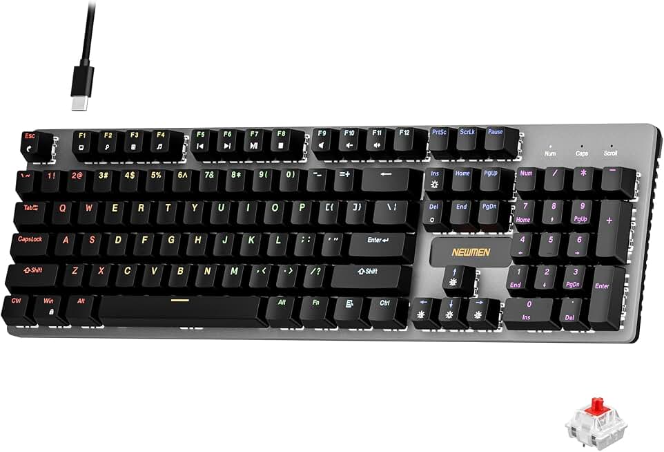 Newmen GM325Pro Mechanical Keyboard, Gaming Keyboard 104 Keys Red Switches | Rainbow LED Backlit, Metal Panel, ABS Black Keycaps, Wired Mechanical Gaming Keyboard for Windows, Linear Red Switches, QWERTY