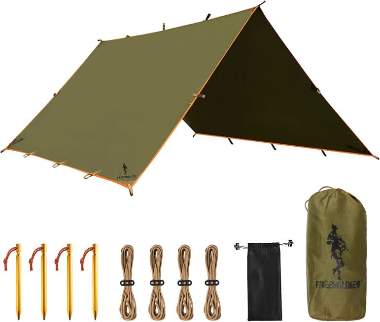 FREE SOLDIER Waterproof Camping Tarp Shelter Awning | Lightweight, Compact, Quick Setup, Waterproof Sun Shelter Campingtarp,For Backpacking, Beach, Travel and Outdoor Activities