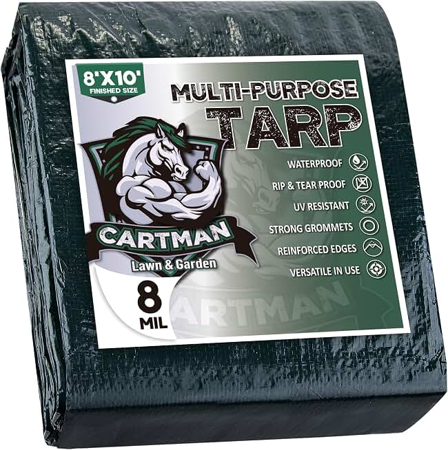 CARTMAN 8x10Ft Multipurpose Waterproof Poly Tarp Cover 8 Mil, Green | Reinforced edges, metal grommets every 36in, 10x10 weave, fits camping, emergency shelter, outdoor gear &amp; cargo protection Global Recycled Standard