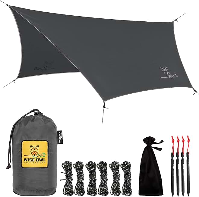 Wise Owl Outfitters Hammock Rain Fly – Waterproof Camping Tarp Cover with Tent Stakes &amp; Carry Bag, Ultralight Shelter for Backpacking &amp; Outdoor Shade