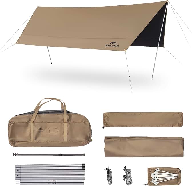 Naturehike Cloud Skies Camping Tent Tarp with Poles, Waterproof PU 18000mm+ Rain Shelter, Anti-UV UPF2000+ Camping Sun Shelter Canopy