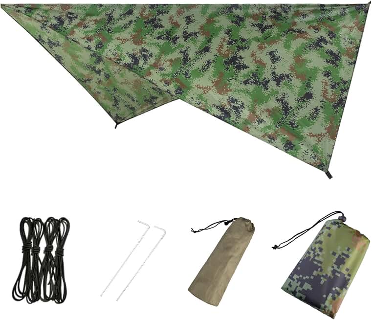 Azarxis Hammock Camping Tarp Rain Fly, Waterproof Tent Shelter Awning Sunshade Cloth Picnic Mat for Outdoor Hiking Beach Backpacking - Included Guy Lines &amp; Stakes