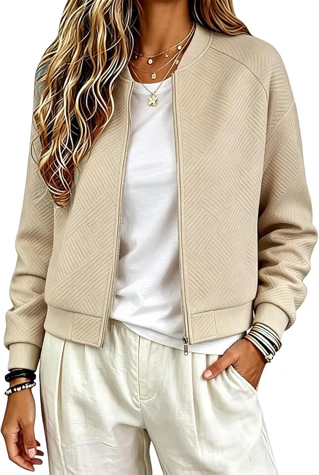 Bomber Jacket Women Casual Zip Up Textured Lightweight Coat Casual Business Outfits Spring Fall Fashion Outerwear
