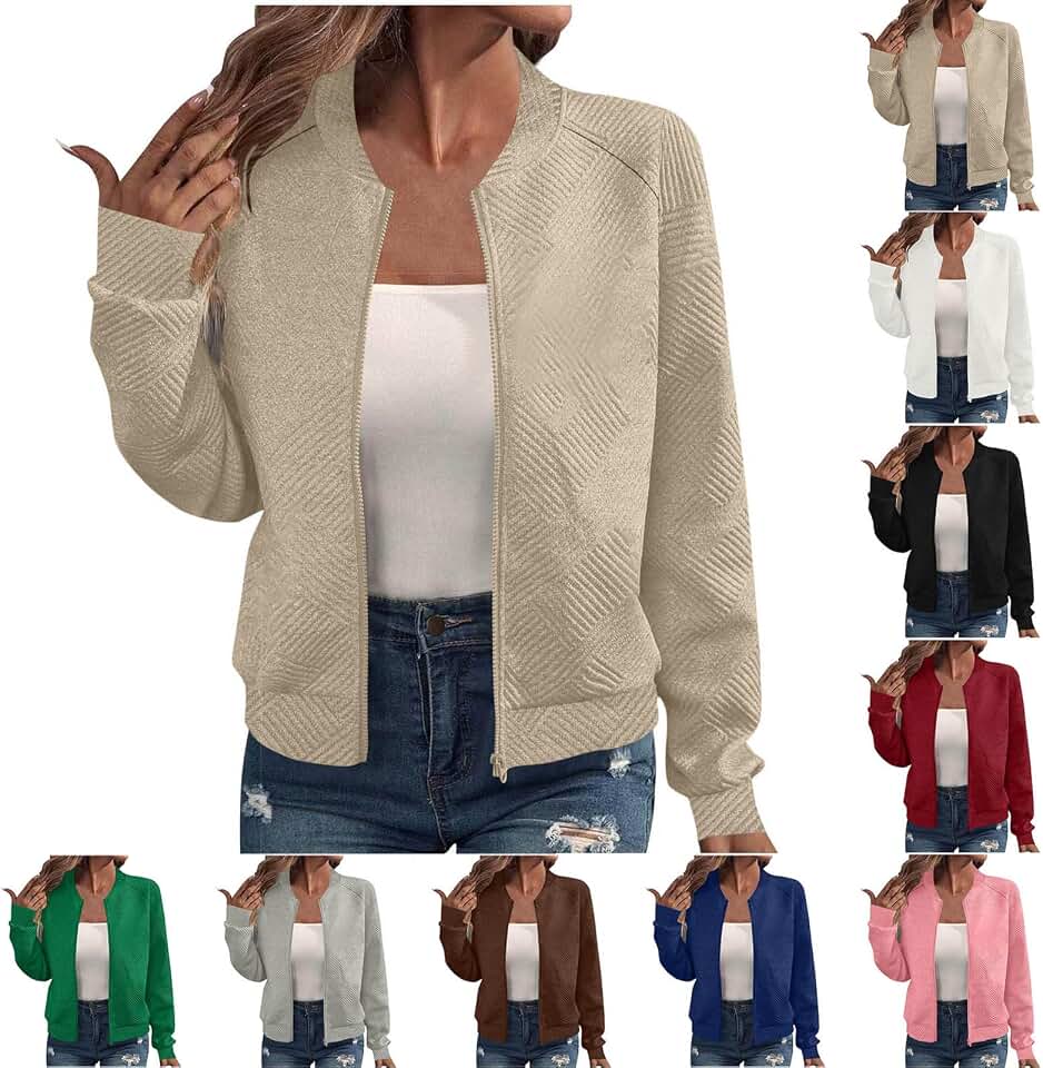 OPHPY 2025 Bomber Jacket Women Textured Lightweight Zip Up Jackets Casual Stand Collar Zipper Coat Fall Fashion Outerwear Top