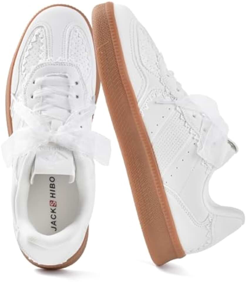 JACKSHIBO Women's Ribbon Lace-Up Fashion Sneakers Arch Support Tennis Walking Shoes