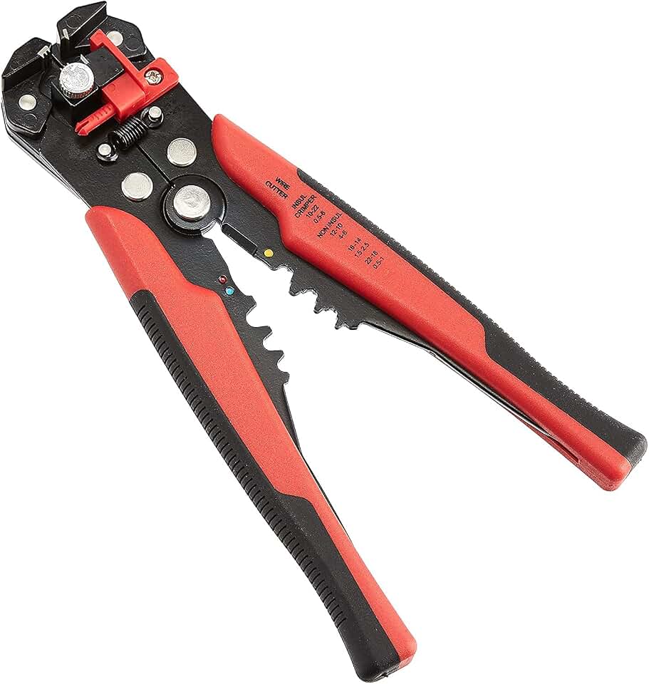 Amazon Basics Self-Adjusting Wire Stripper and Crimping Tool, Strips 10-24 AWG, Black/Red