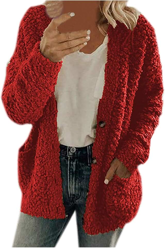 PIFAME Winter Coats For Women Fleece Jacket Warm Casual Coats With Pockets Long Sleeve Button Down Cardigans Knitwear