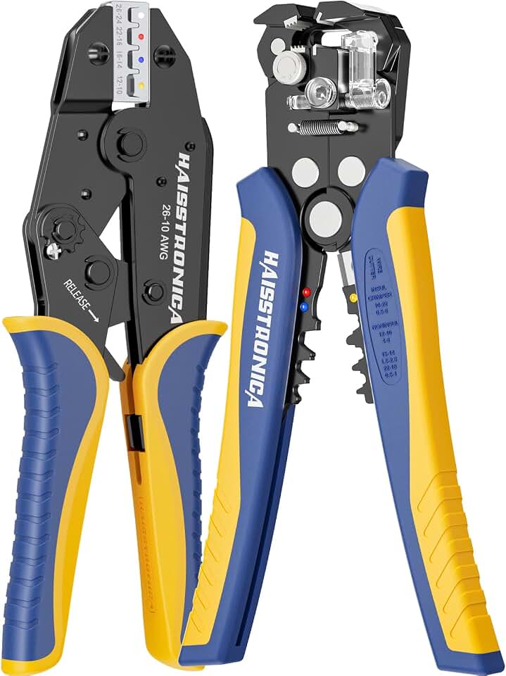 haisstronica Wire Stripper and Crimper Set, AWG 26-10 for Heat Shrink | 3 in 1 Wire Stripper for AWG 24-10, Ratchet, Separate Gauge Controls, Adjustable Pressure, Quick Release, Automotive Work