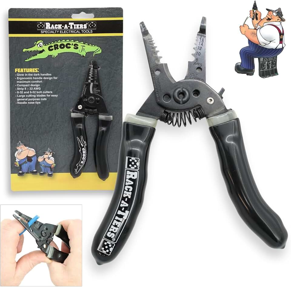Rack-A-Tiers Croc's Jr. Needle Nose Wire Strippers, Electrician Wire Crimper &amp; Stripper, Wire Stripper Cutter, Ergonomic Glow-in-the-Dark Handles, Wire Insulation Stripper (47002)