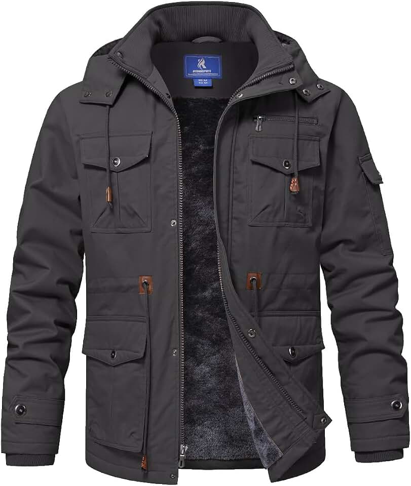 SPOSULEI Winter Jackets for Men Cotton Work Fleece Lined Army Jacket Winter Military Coat with Multi-Pockets Black Medium