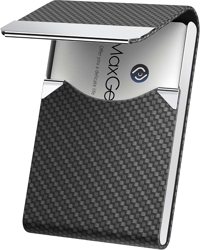 MaxGear Business Card Holder, PU Leather Business Card Case, Black Carbon | Stainless Steel Interior, Magnetic Closure, RFID Blocking, Holds 15–25 Standard Business Cards
