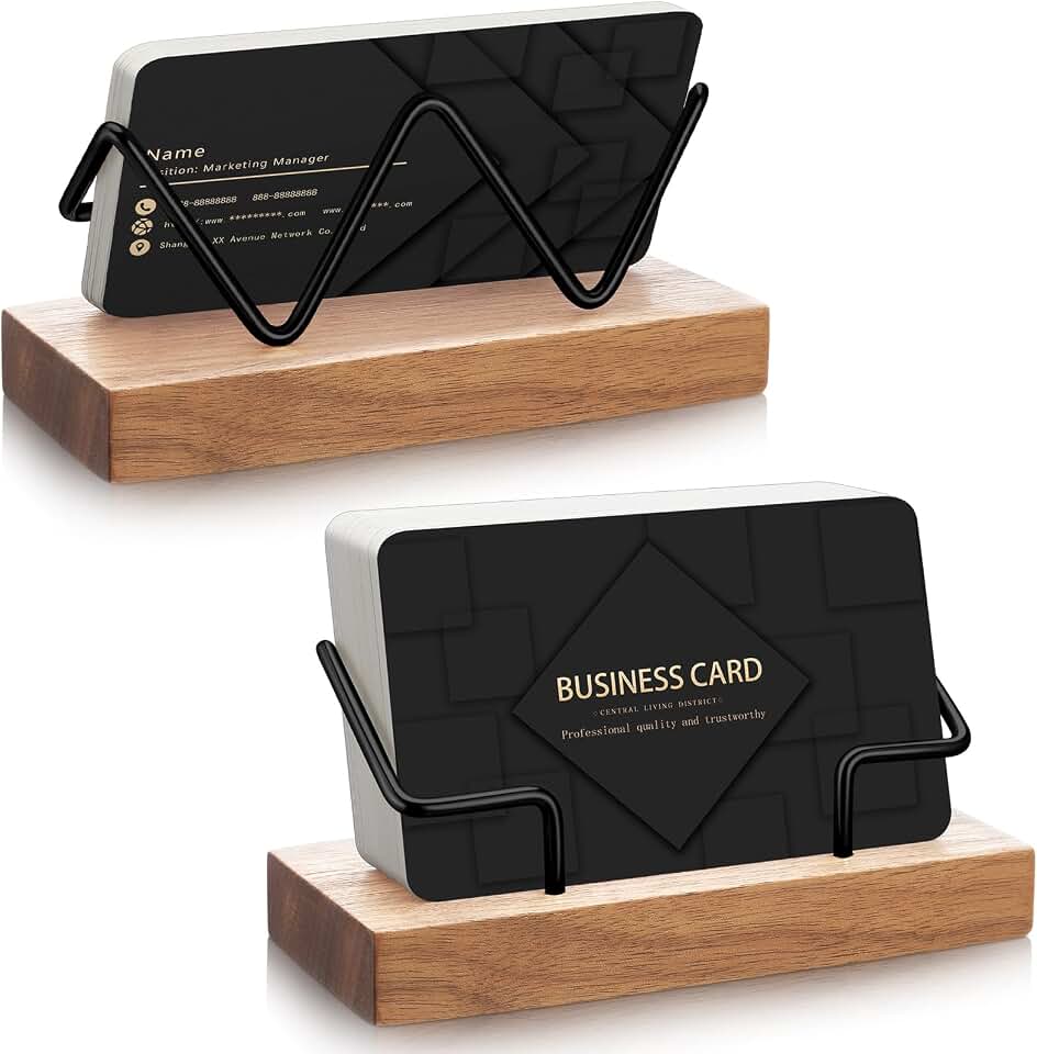 Amyhill 2 Pieces Wood Business Card Holder for Desk,Light Wood Color, Black | Wooden Holders with Metal Stand, Office Desktop Organizer, Card Reception Display, Vertical Easy Access Design