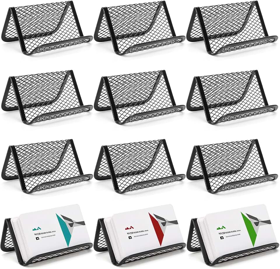 12 Pack Business Card Holder for Desk, Metal Mesh Business Card Stand Desktop Display Rack, Black Business Card Organizer Holds up to 50 Name Cards for Office