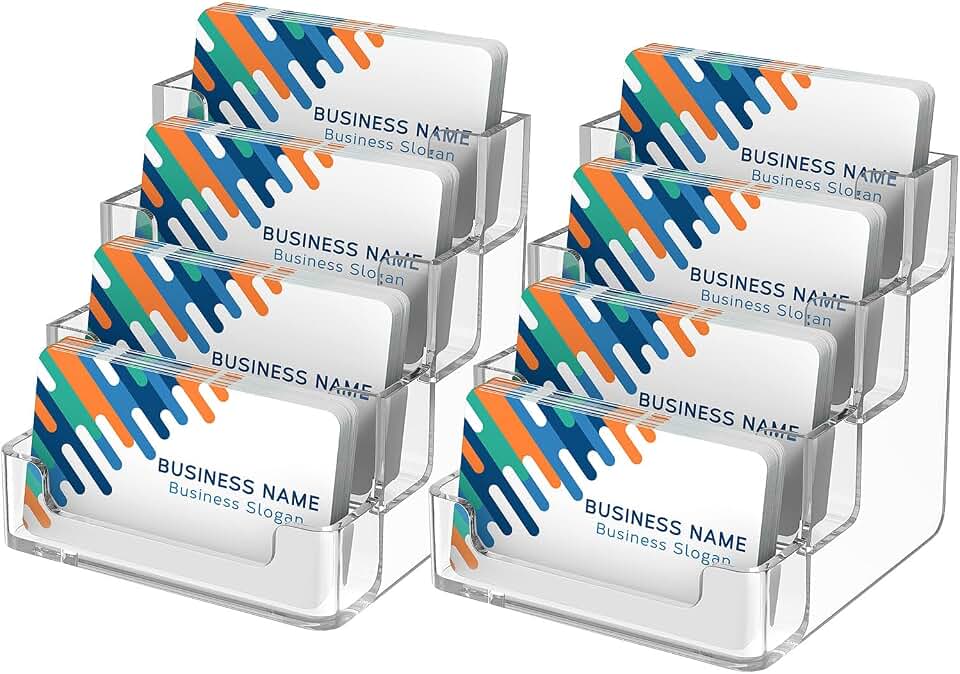 MaxGear Acrylic Business Card Holder, 320 Cards Capacity, 4 Pocket, 2 Pack | Clear Business Card Stand for Desk with 4 Tier, Clear Plastic Cards Display Holder for Exhibition, Home and Office