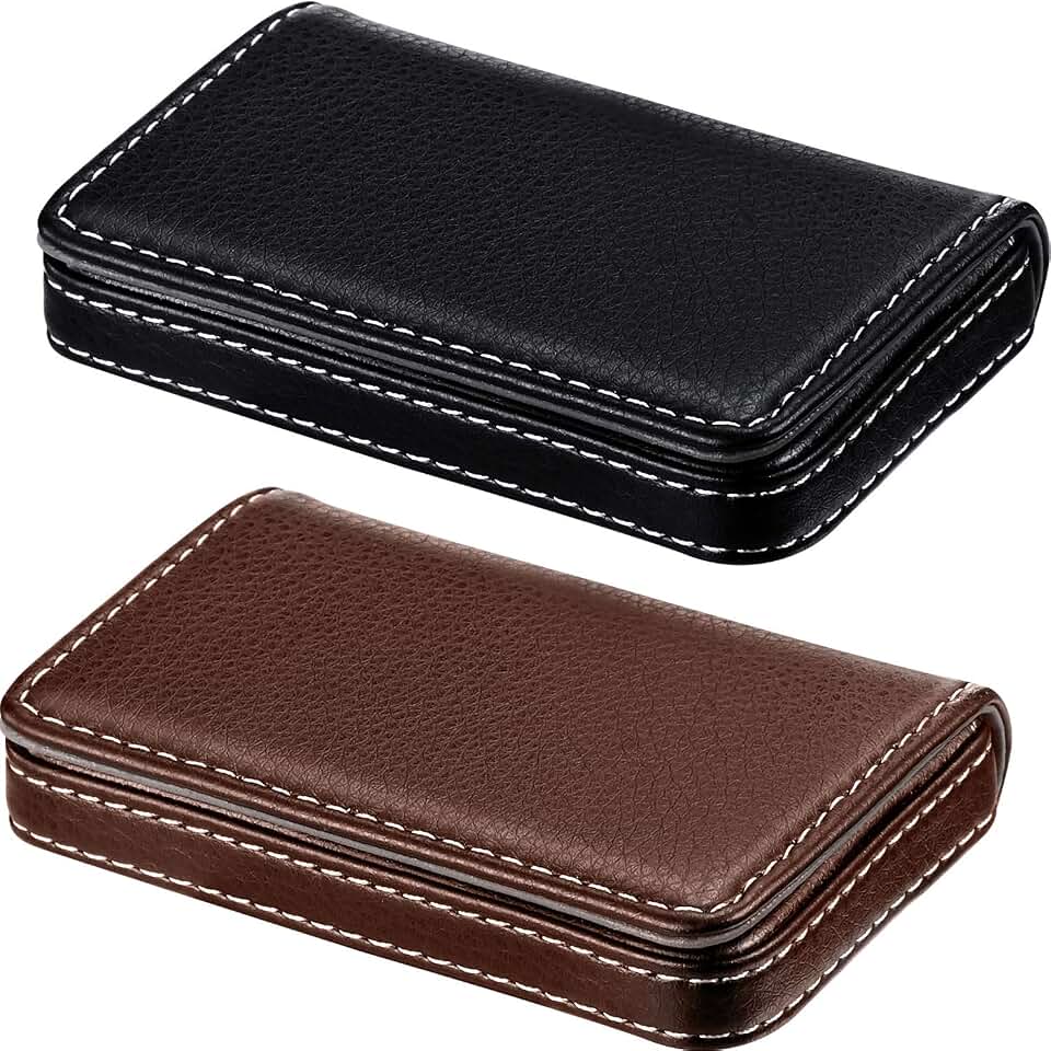 Outus 2 Pcs Business Card Holder PU Leather, Black and Coffee | Compact Wallet for Professionals, Magnetic Shut Keeps Cards Organized, Case Holder, Office Networking Conferences, Gift Adult
