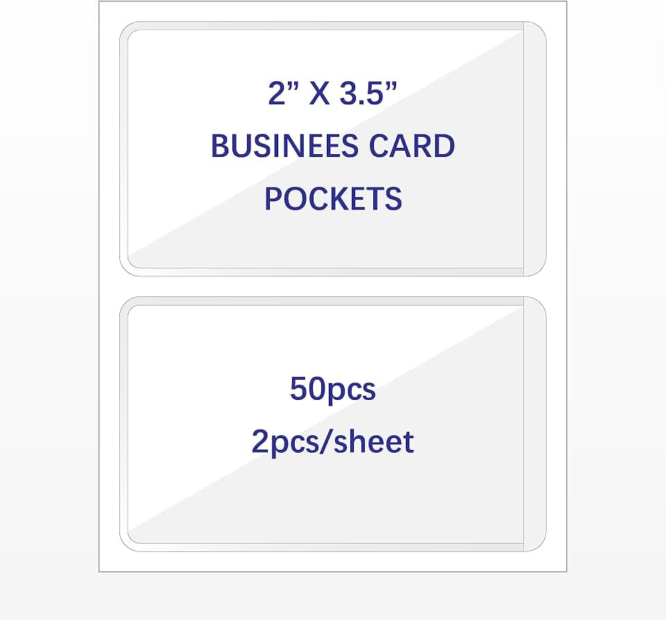 IMAGAME Clear Adhesive Business Card Pockets, 50 Pack | Side Open for Loading, Plastic Labels Holders, For Storage Bins and Library Card, Organizing and Protecting Business Cards