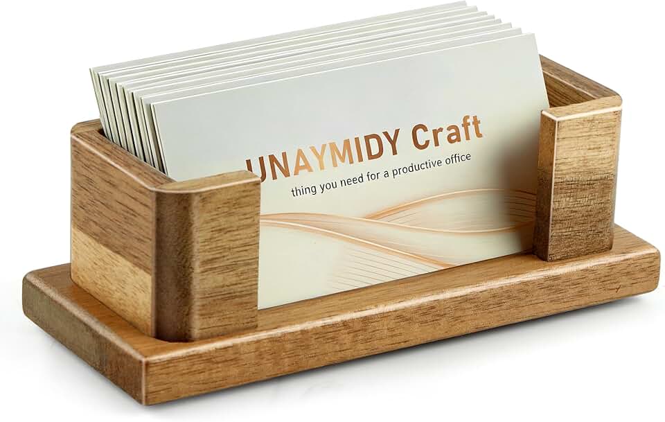 Business Card Holder for Desk, Acacia Wood Desktop Name Card Display Stand &amp; Office Desk Accessories for Office Home Tabletop Exhibition