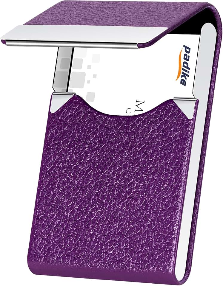 Padike PU Leather Business Card Holder for Women Slim Pocket Business Name Card Holder Stainless Steel Business Card Case with Magnetic Shut (Purple)