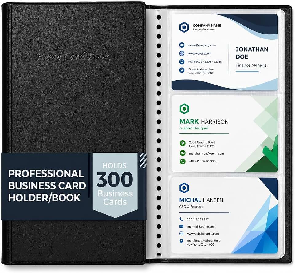 Professional Business Card Holder/Book with Black Cover, Holds 300 Business Cards | Credit Card Organizer with Clear Sleeves, Name Card Folder for Office and Networking, Portable Rolodex - Ring Binder Depot