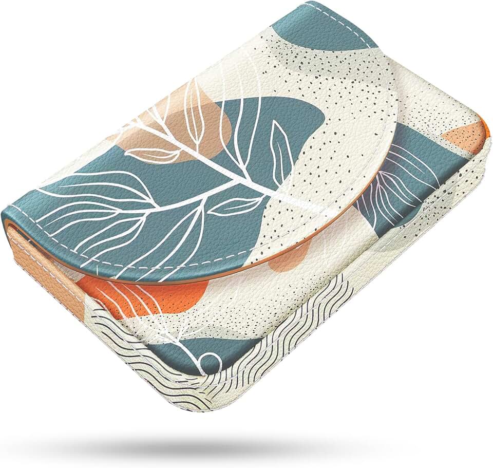Business Card Holder，PU Leather Business Card Case Color Printing Pattern Card Holder Wallet，Pockets Magnetic Credit Card Holders for Men and Women，Bohemian Leaf