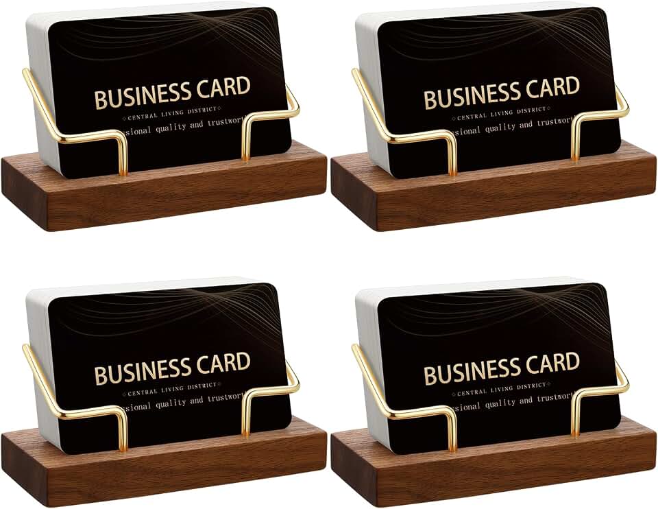 Amyhill 4 Pcs Wood Business Card Holder Display for Desk Metal Wooden Name Card Organizer Business Display Holders for Women Men Office Home Decoration(Gold)