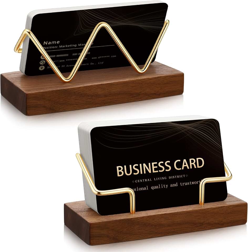 Amyhill 2 Pcs Wood Business Card Holder Display for Desk Gold Card Stand | Wooden Business Card Display, Business Card Desk Organizer Holder, Stand Postcard Holder for Office Home Desktop, Wood Color