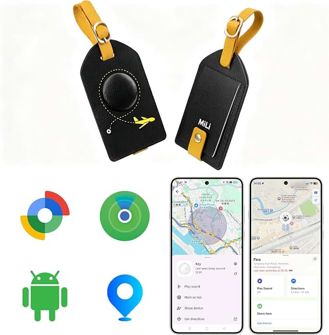 MiLi Smart Bluetooth Luggage Tracker Tag for iOS &amp; Android | Works with Apple Find My &amp; Google Find Hub, Anti-Lost Leather Travel Locator for Suitcase, Backpack, Black