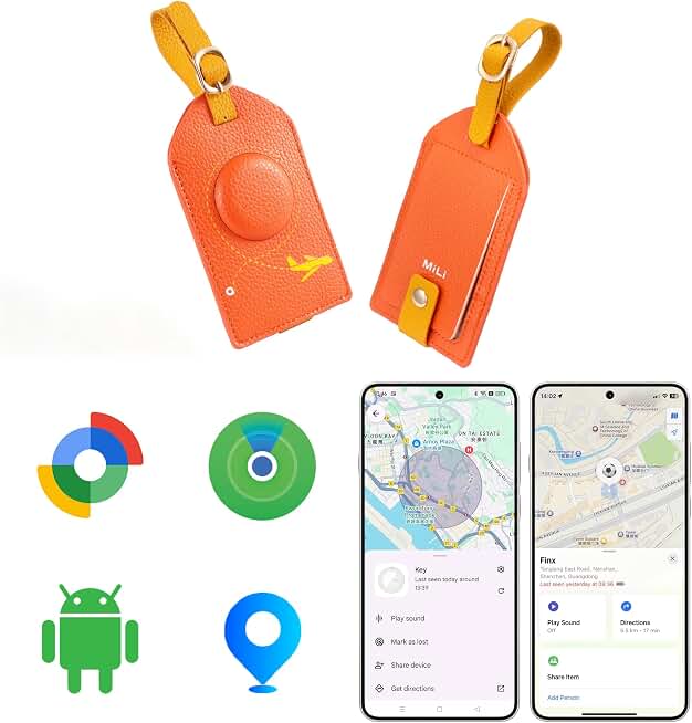 MiLi Smart Bluetooth Luggage Tracker Tag for iOS &amp; Android | Works with Apple Find My &amp; Google Find Hub, Anti-Lost Leather Travel Locator for Suitcase, Backpack &amp; Gear, Orange