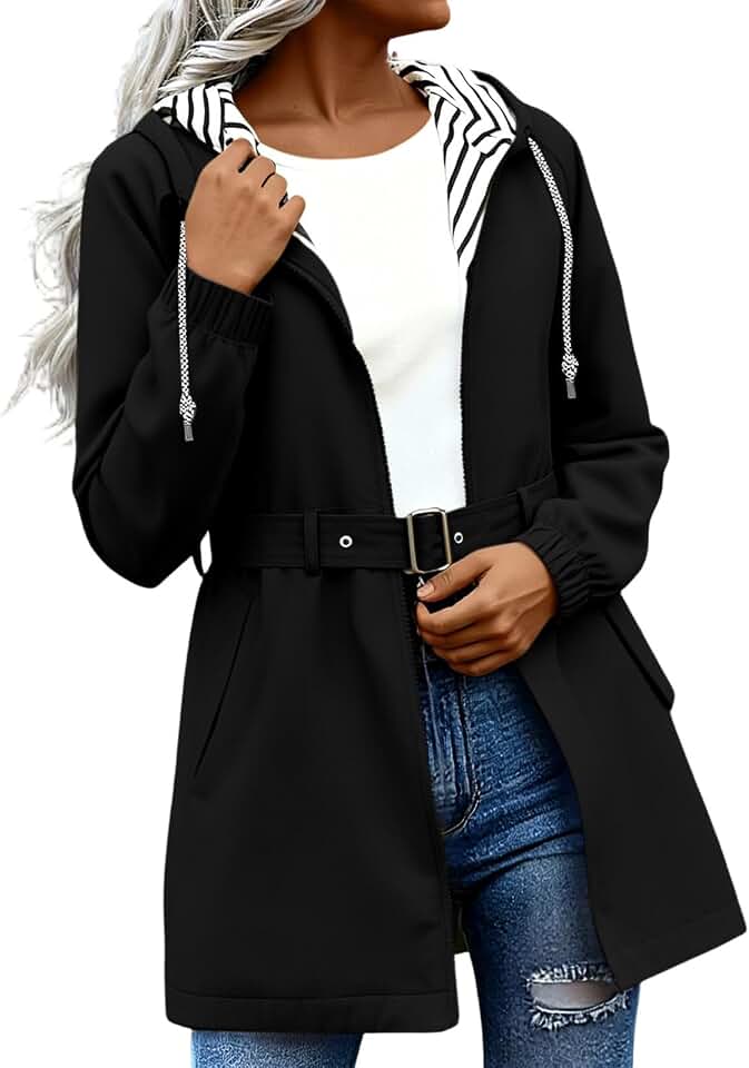 BFAFEN Rain Jacket Women Waterproof with Hood Striped Lined Belted Zip Up Long Raincoat Windbreaker Hiking Autumn Jacket Pocket