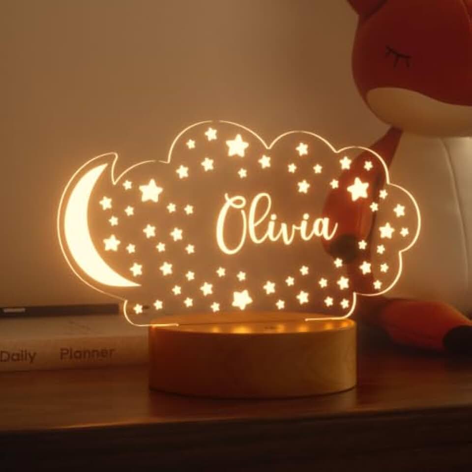 Personalized Baby Gift Name Night Light for Kids Girls Boys Nursery Decor with Stars &amp; Cloud Acrylic Light - Includes Remote and Color-Changing, Laser Engraved in The USA