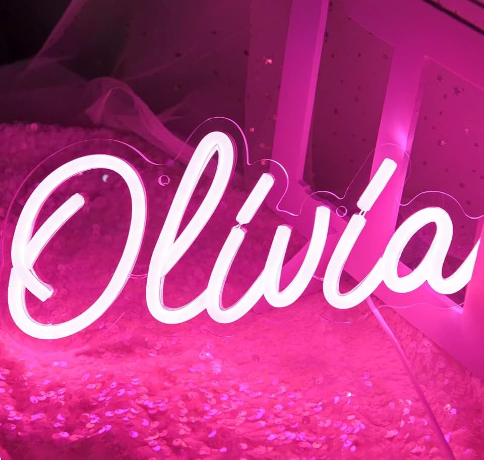Olivia Name Neon Sign for Wall Decor Olivia LED Sign for Man Cave Bedroom | Girl Birthday Name Gift,Man Cave,Bedroom,Birthday anniversary Decor,5V USB Powered,LED Neon,Easy Installation,11.8 * 5.1 In
