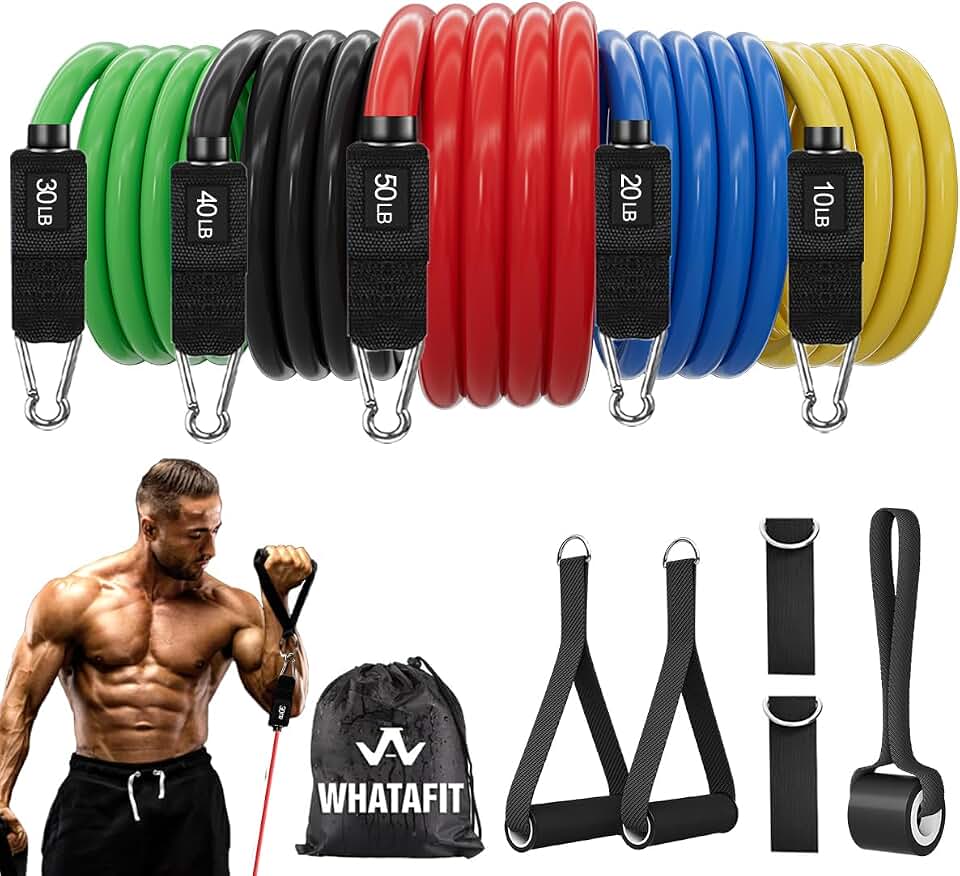 WHATAFIT Resistance Bands with Handles, 5-Level Exercise Bands for Workout | Natural latex,10-50 lbs, stackable to 150,Ankle Straps, Door Anchor,Guide. For Strength, Yoga,Home Gym,Travel &amp; Workout. Global Recycled Standard