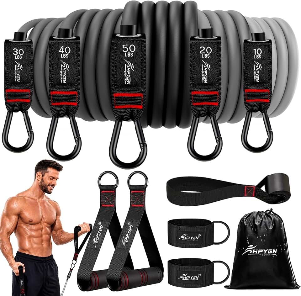 HPYGN Resistance Bands with Handles, 150 lb Exercise Bands for Home Workout | Fitness Bands Equipment Set, Gym &amp; Training Stretch Bands with Door Anchor &amp; Ankle Straps, Travel, Physical Therapy, Yoga Global Recycled Standard