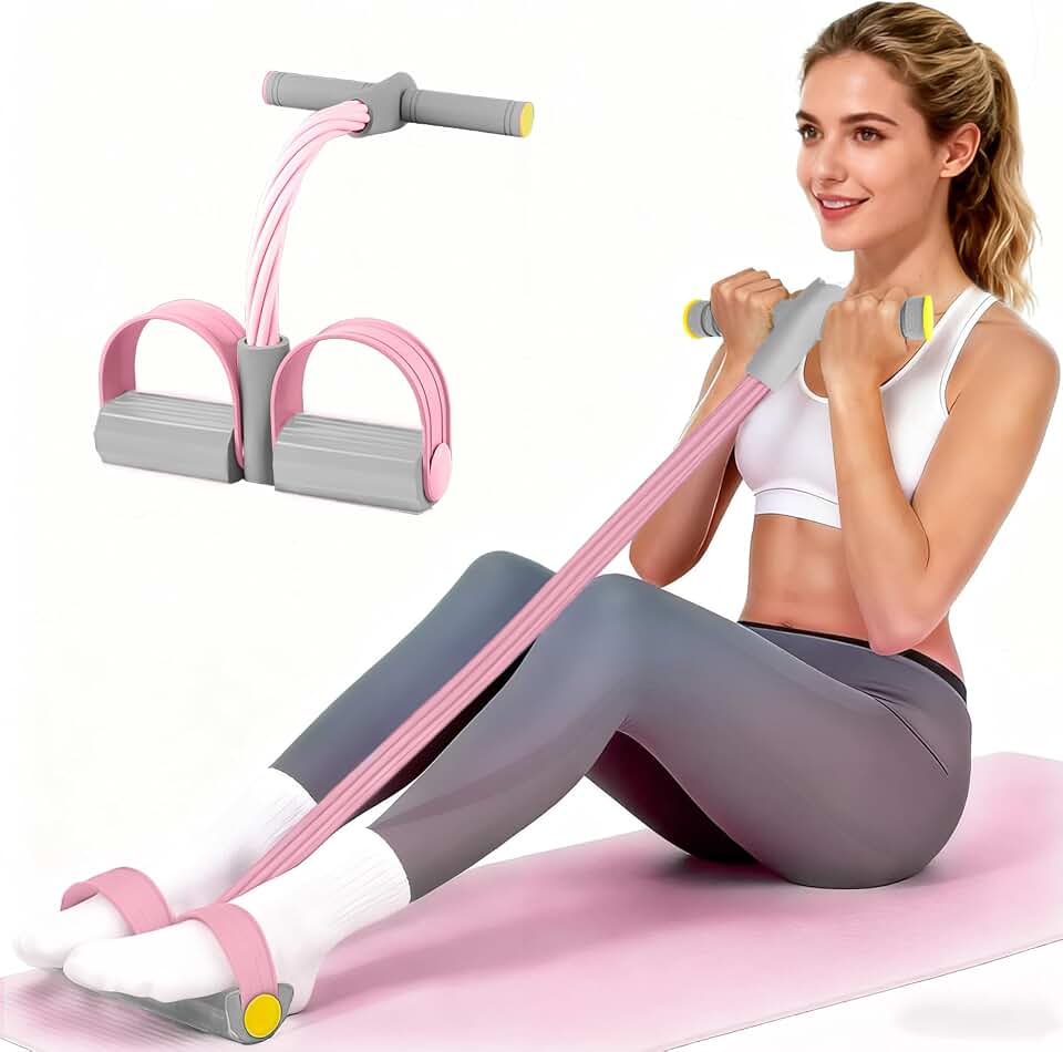 Pedal Resistance Band with Handle, Durable 6-Tube Exercise Bands (Pink &amp; Gray) Global Recycled Standard