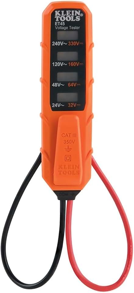 Klein Tools ET45 Digital AC/DC Voltage Tester, 12-240V AC, 32-330V DC, LED Illumination, DC Polarity, Auto Off, CATIII 350V-Class 2-Double Insulation, IP44 Dust &amp; Water Resistant, No Batteries Needed