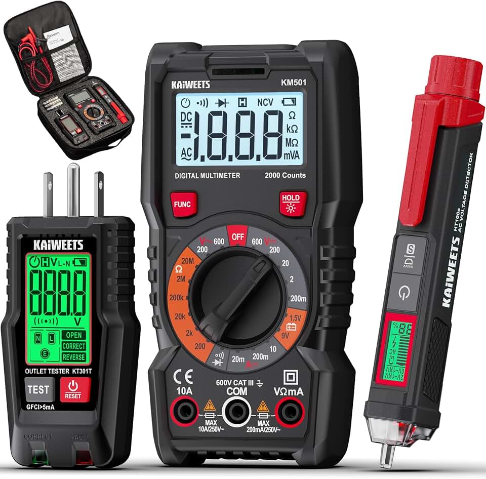 KAIWEETS Electrical Test Kit KIT01, Digital Multimeter, Smart Non-Contact Voltage Tester &amp; GFCI Outlet Tester with LCD, Complete Set with Carrying Case &amp; Batteries for Electrician, DIY &amp; HVAC