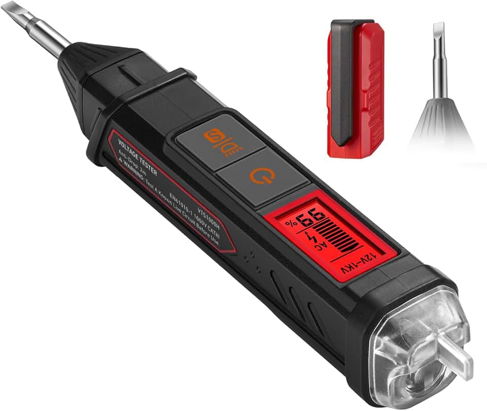 AstroAI VTS1000H Voltage Tester with Screwdriver, Non-Contact Electrical Tester, Dual Range AC 12V/70V-1000V, Live Wire Test, Wire Breakpoint Finder, Audible Alarm, LCD Percentage Display, Red
